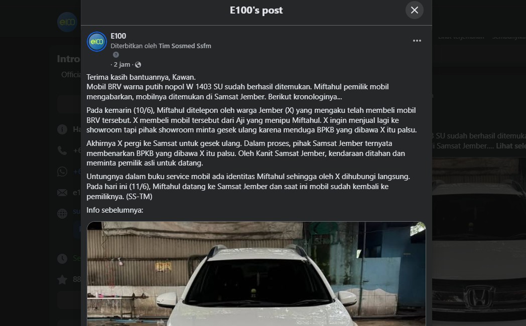 Mobil yang Dilaporkan Hilang Tiga Bulan Lalu ke Radio SS, Ditemukan di Samsat Jember