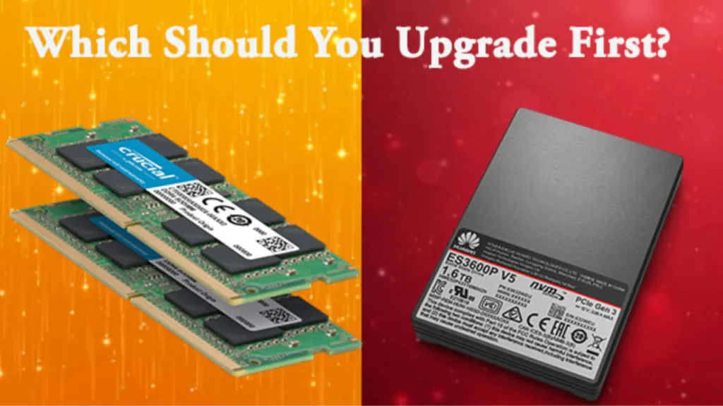 Komponen RAM dan SSD di atas motherboard komputer.